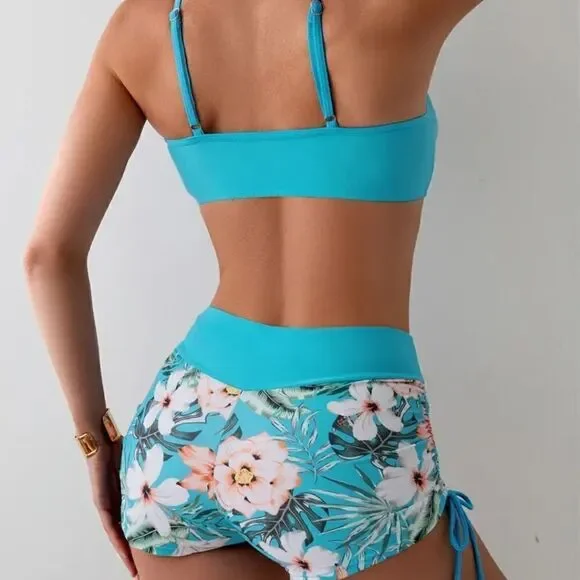 Vibrant Blue High-Waisted Bikini with Halter Neck Tropical Print Size XL NWT - Picture 2 of 4